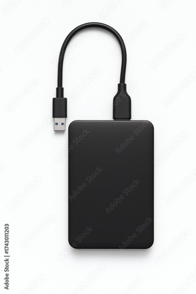 External hard drive with USB cable isolated on white background ...