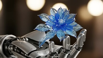 Robot Hand Holding a Blue Flower Artificial Intelligence Concept.