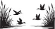 © shopone - Four ducks flying over water with cattails and reeds