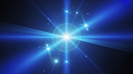 Bright blue starburst with light flares and bokeh effect on a dark background, abstract science and technology concept