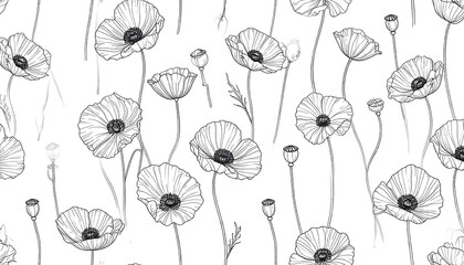 Naklejka na meble Seamless black and white poppy floral pattern