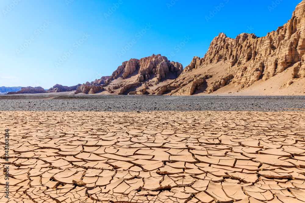 Dry cracked earth ground in a desolate desert with spectacular yardang ...