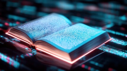E-reader device displaying open novel, illuminated by flowing binary code streams