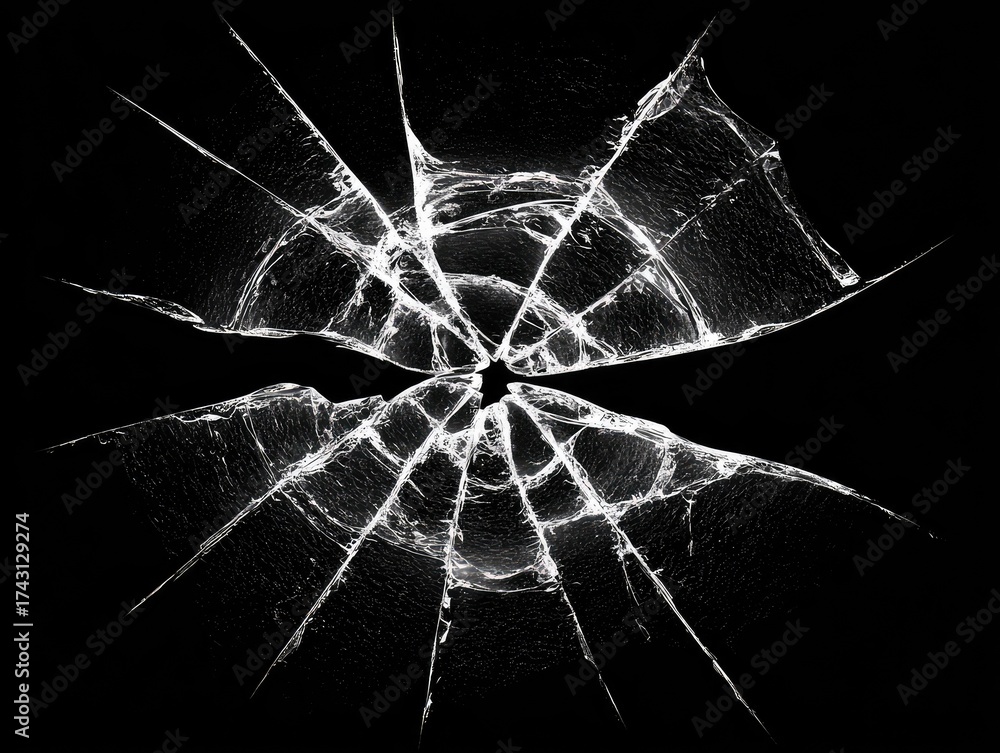 Shattered glass, radiating outward, a complex web of cracks against a ...