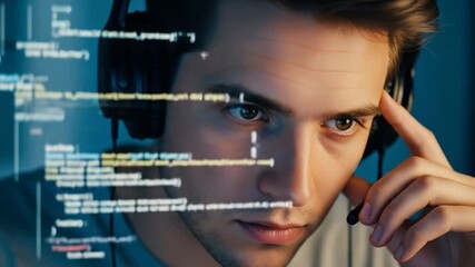 Man coding software with headphones technology concept development and programming