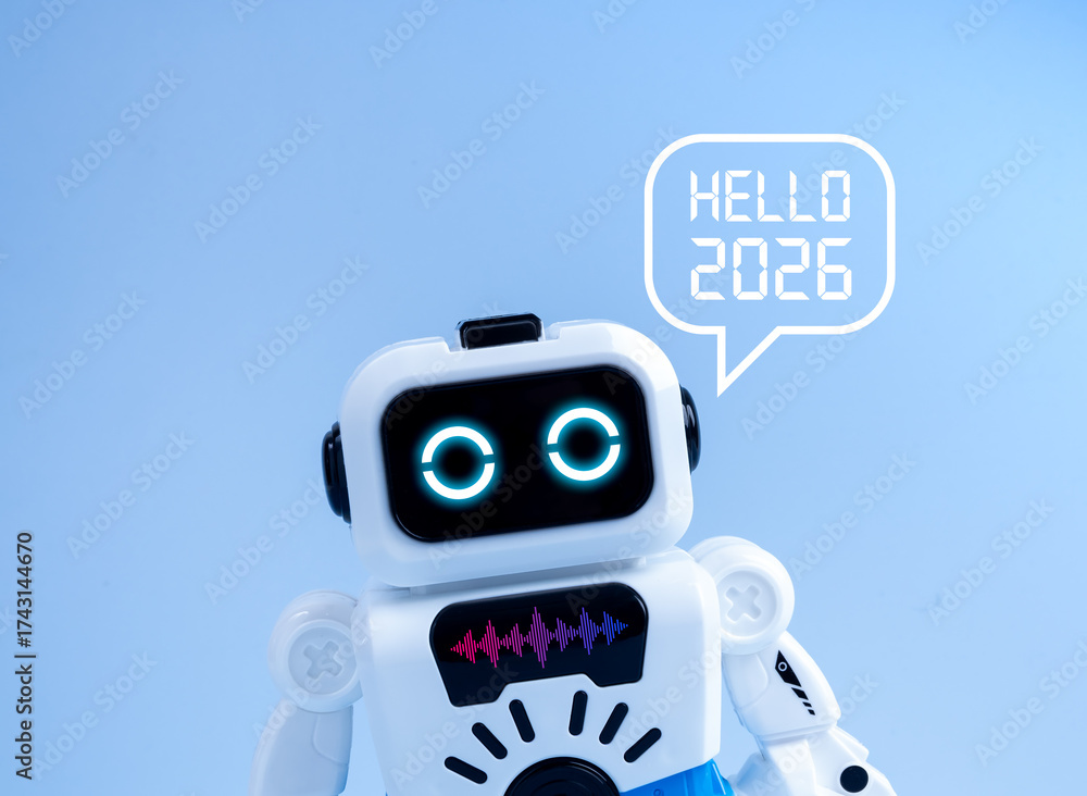Stock-Foto „Cute robot with digital speech bubble saying hello 2026 on ...