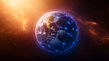 Wall Mural - The image shows Earth in space, surrounded by a network of blue lines and points, set against a backdrop of orange and brown cosmic clouds filled with twinkling stars.