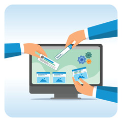 Customizable software development concept. Businessman Build website with template customization.