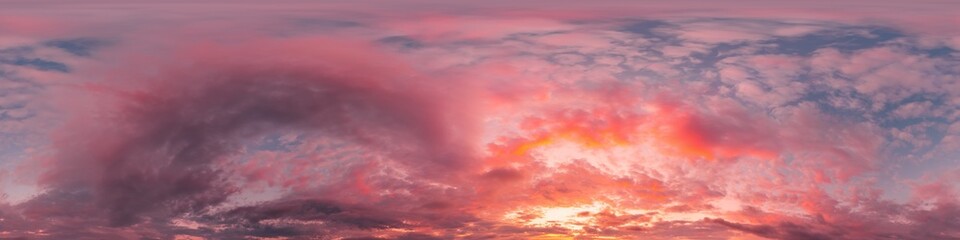 Wall Mural - Sunset sky panorama with bright glowing pink Cirrus clouds. HDR 360 seamless spherical panorama. Full zenith or sky dome in 3D, sky replacement for aerial drone panoramas. Climate and weather change.
