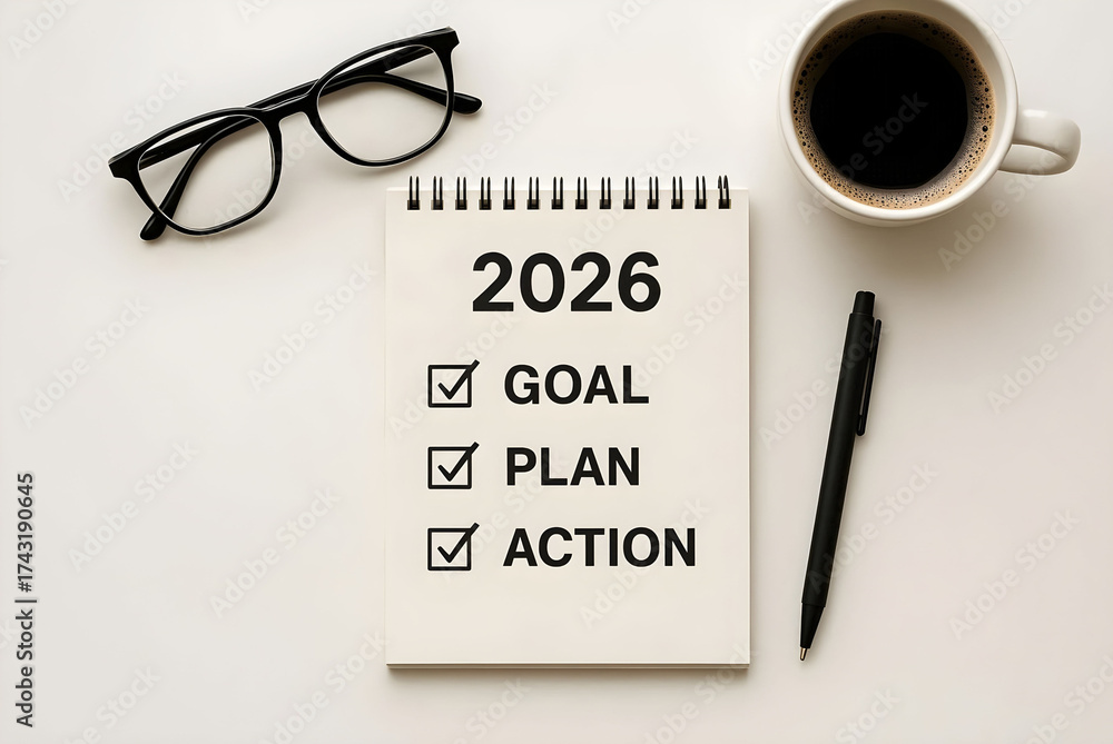 2026 goal plan action checklist with coffee and glasses signifying new ...