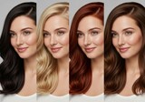Collage of beautiful smiling woman with different hair colors. Black, brown, red, and blonde hair. Concept of hair dye, coloring, and salon services.