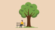 © Hafizpka - Serene illustration of a woman taking a peaceful break, sitting alone on a park bench under a majestic green tree, enjoying a moment of quiet contemplation and relaxation in nature