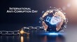 © Life Shyntax - Conceptual image depicting International Anti-Corruption Day with a glowing handshake on a stylized world map, connected by a network, and a broken chain with a key.