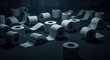 © Rehan - A multitude of toilet paper rolls scattered across a dark, moody surface evoking scarcity and demand, perfect for conveying essential supplies or challenging times.