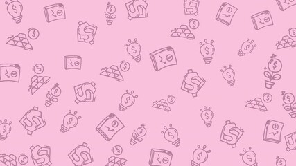 A vibrant pink background adorned with an array of hand-drawn doodle icons representing business, finance, technology, and innovation.