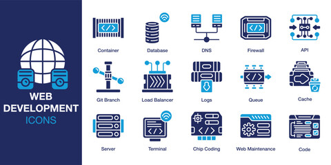Web Development icon set. Containing information, software, coding, programming, application and more. Solid vector icons collection. Vector illustration.