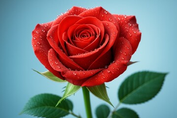 Wall Mural - Close-up of a red rose flower with water droplets on petals and green leaves on soft blue background, symbolizing love and beauty concept. Ai generative