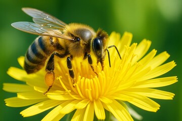 Wall Mural - Close-up of bee collecting pollen on bright yellow flower with lush green background, highlighting natural detail and vibrant light. Ai generative. Ai generative