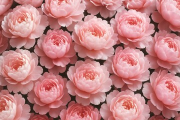 Wall Mural - Soft pink peony flowers in full bloom arranged in seamless pattern, delicate petals forming elegant floral background with natural light glow. Ai generative