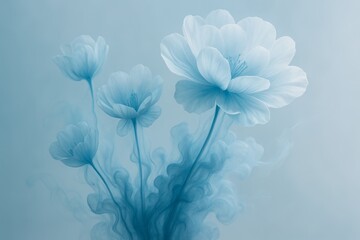 Wall Mural - Ethereal light blue flowers emerging from swirling mist on pastel background, expressing a delicate abstract floral concept of purity and calmness. Ai generative