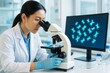© Who is Danny - Female scientist analyzing genetic material through microscope with chromosome data on computer screen in modern laboratory environment. Ai generative