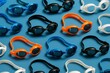 © Pixels Hunter - Swimming goggles in various colors arranged in a creative pattern on a blue background with light shadows for a playful sports design concept. Ai generative