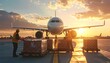 © damar yana - Workers loading cargo onto a plane at sunset, illustrating air freight and logistics.