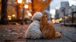 © 志华 崔 - A white dog and orange cat sitting together on a city sidewalk in autumn, backs to the camera, with blurred city lights and fall foliage in the background.