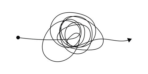 Messy scribble line tangles, chaos transformation, stress reduction. Simplify and psychotherapy vector concept of problem solving, complex to simple in eps 10.