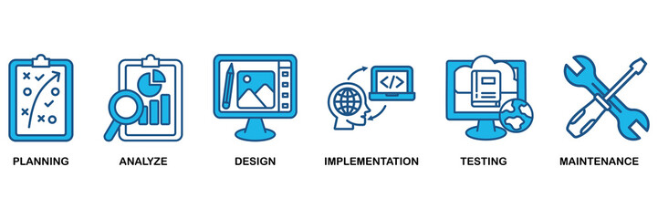 Software development icon set In Blue Monochrome Flat Design, Vector Illustration concept relate to icon of planning, analyze, design, implementation, testing, integration, and maintenance