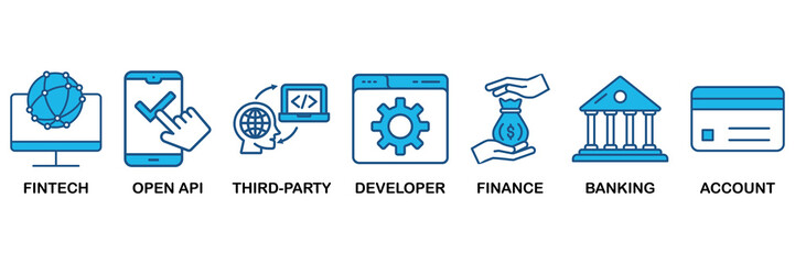 Open banking icon set In Blue Monochrome Flat Design, Vector Illustration concept relate to icon of financial technology with an icon of the fintech, coding, open API, finance, banking, third party de