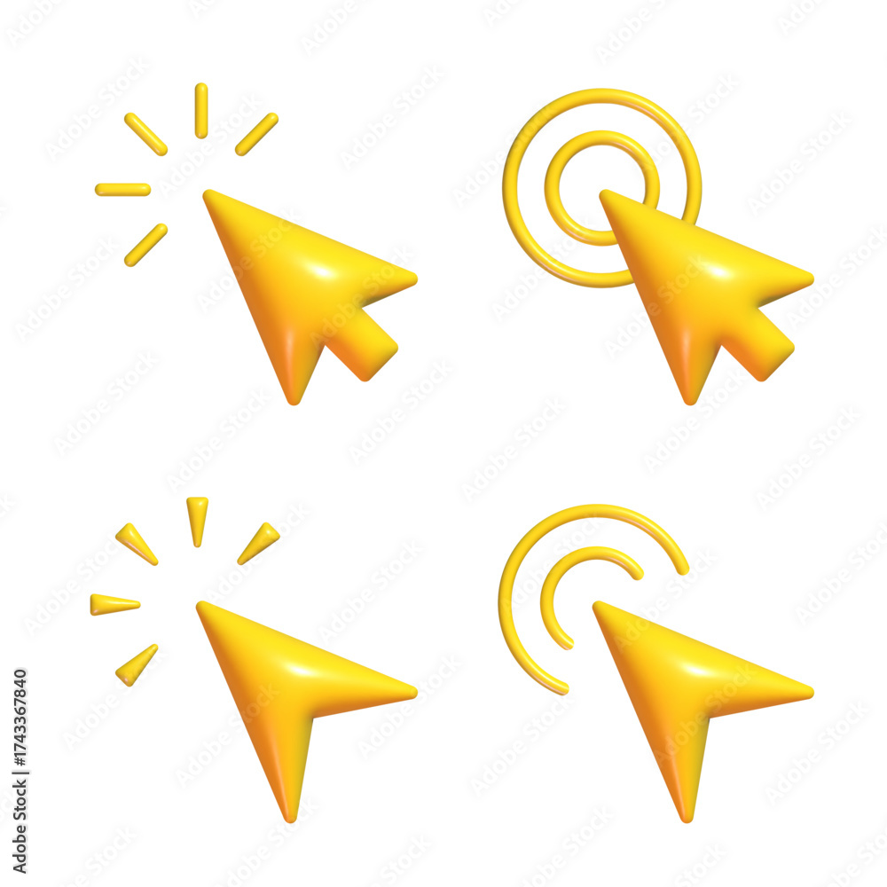 Yellow arrow pointer set. Collection of UI elements, 3d mouse cursor ...
