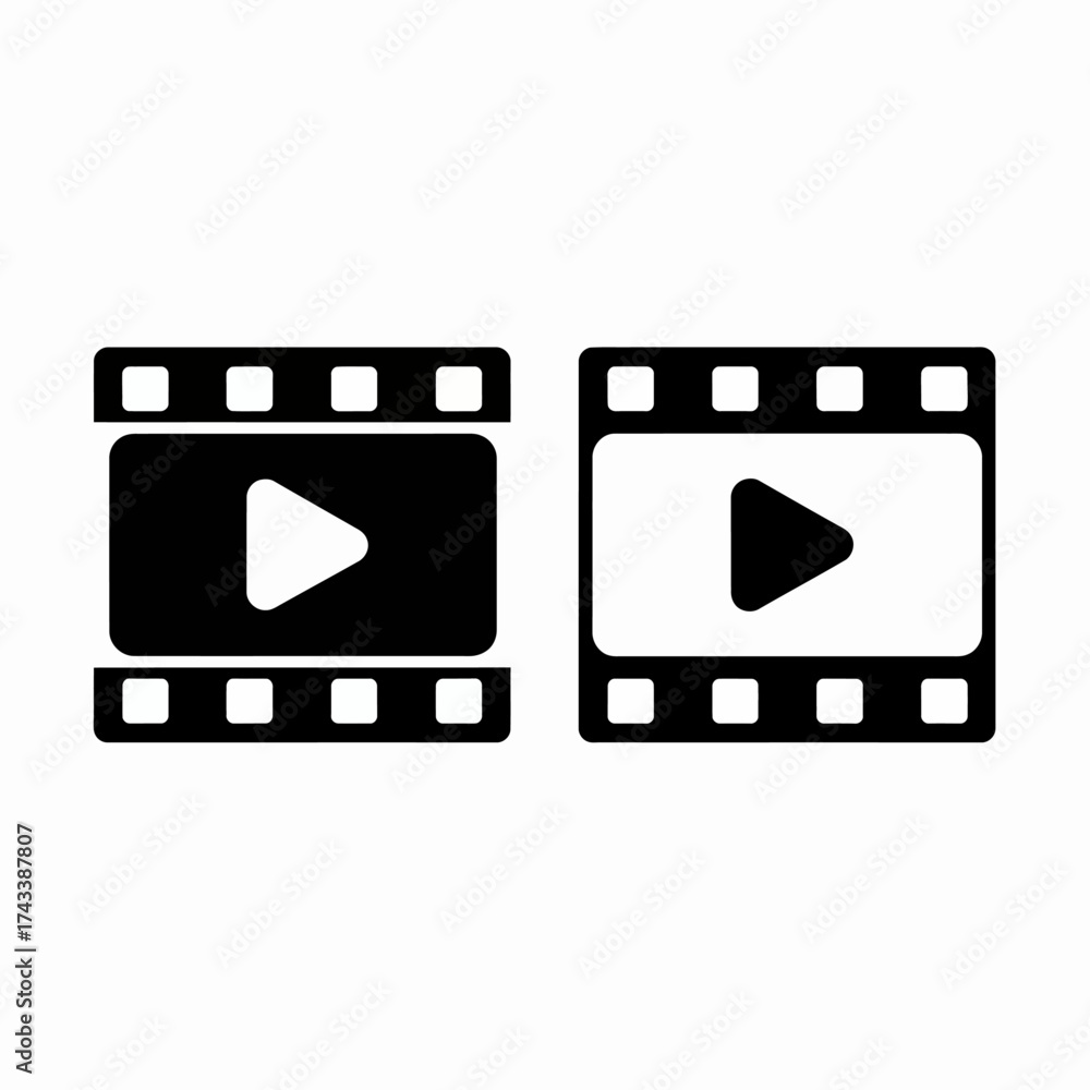 Two simple black and white film strip icons with play buttons for media ...