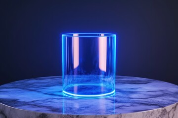 Empty cylinder-shaped glass object with neon blue light.