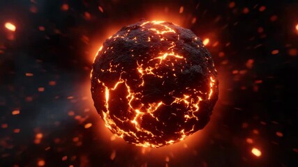 Wall Mural - Molten lava sphere glowing with fiery cracks emitting intense heat and light dark volcanic environment creating dramatic powerful volcanic effect with sparks flying and burning embers floating dark