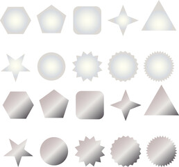 Collection of shiny silver metallic geometric shapes vector set for buttons, badges, and interface design.