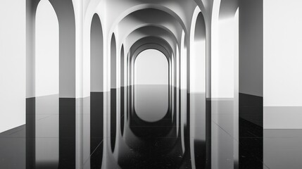 Endless arched corridor with glossy floor, creating reflection
