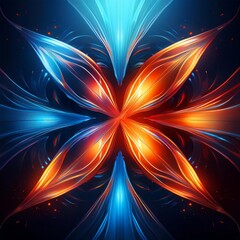 Wall Mural - A symmetrical, abstract composition of swirling, glowing light in hues of blue and orange. The radiating energy suggests movement. A flower-like form emerges from the center. This piece has a vibrant 