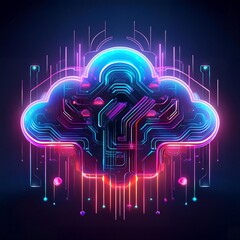 Wall Mural - A futuristic cloud icon, glowing with neon lights, depicting a digital landscape.  Lines of vibrant color crisscross, forming a complex network suggestive of data processing. This abstract illustratio