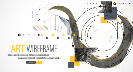 Wall Mural - Minimal abstract composition with wireframe waves, geometric shapes, dots, and lines.