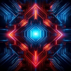 Wall Mural - A geometric, glowing digital design features symmetrical lines of blue and red. A central radiant light source energizes the whole pattern. The design reflects a futuristic technological visualization