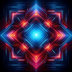 Wall Mural - The image shows a geometric pattern, symmetrical. Neon-like lines of bright colors form a vibrant abstract design on a dark background. It emits a captivating glow and presents complex forms.