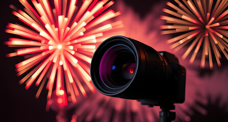 A close-up, dramatic shot of a camera lens positioned to capture vibrant red and orange fireworks exploding in the blurred background.