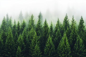  Serene foggy forest scene with lush green pine trees creating mysterious atmosphere