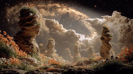 Wall Mural - Mystical Cloudscape: A surreal panorama unfolds, showcasing majestic rock formations that touch the celestial canvas of swirling clouds and distant stars.