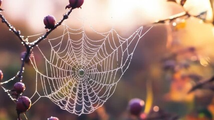 Spiderweb dew drops on branches sunlight