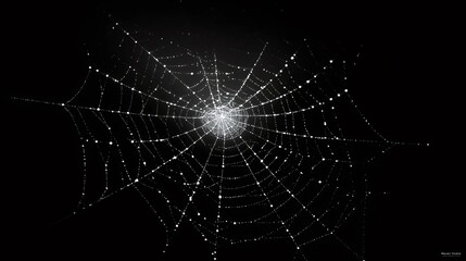 Spiderweb with dew drops glistening on black background