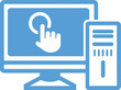 © Mahfuz - Blue icon of a desktop computer with a finger cursor interacting with the screen monitor tower