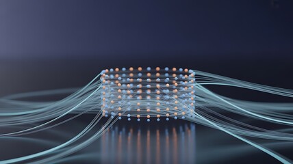 Futuristic network structure with glowing connections and flowing data lines  
