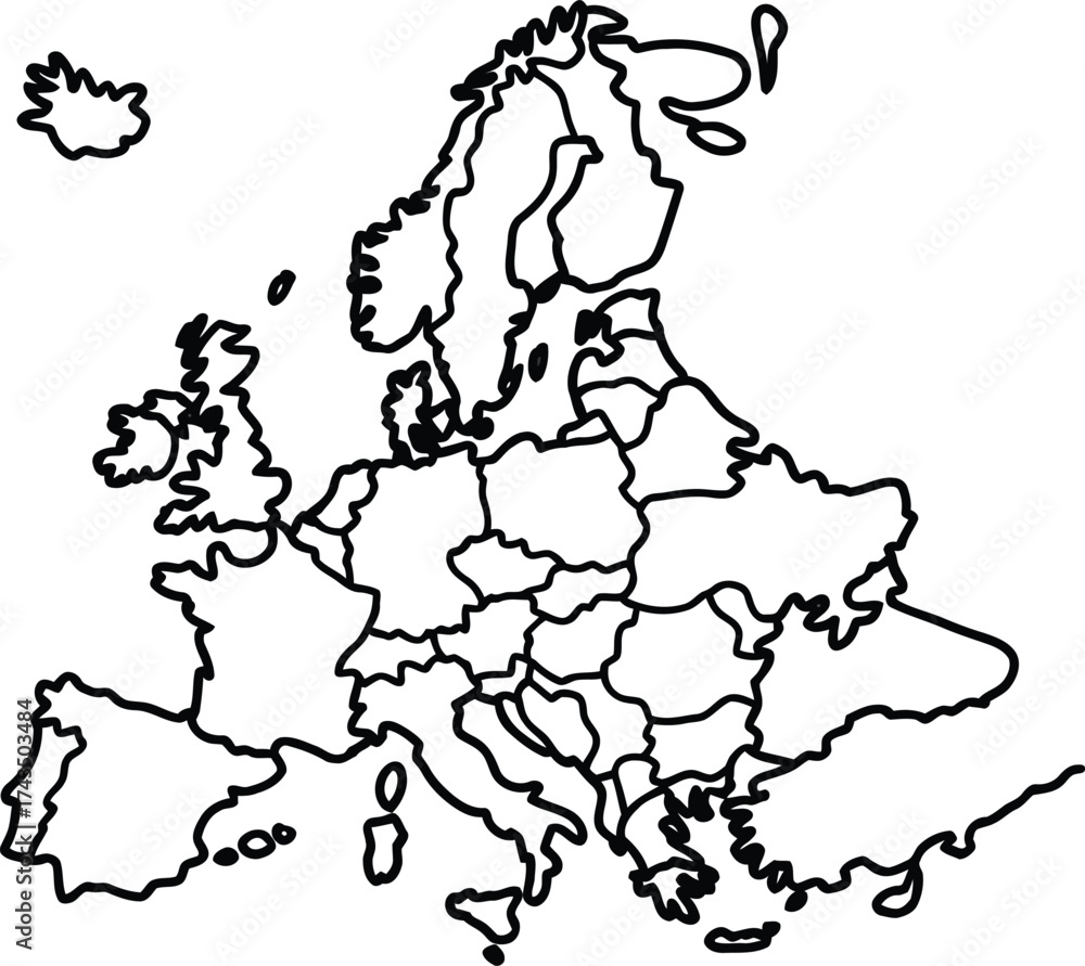 Outline map of europe with country borders in black and white Stock ...